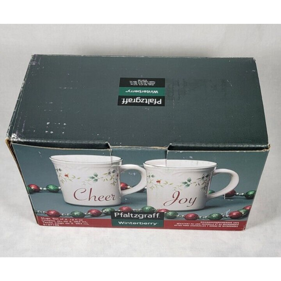 2 Pfaltzgraff Winterberry Coffee Mugs Christmas Cheer Joy Stoneware 12 Oz NEW - Picture 10 of 11